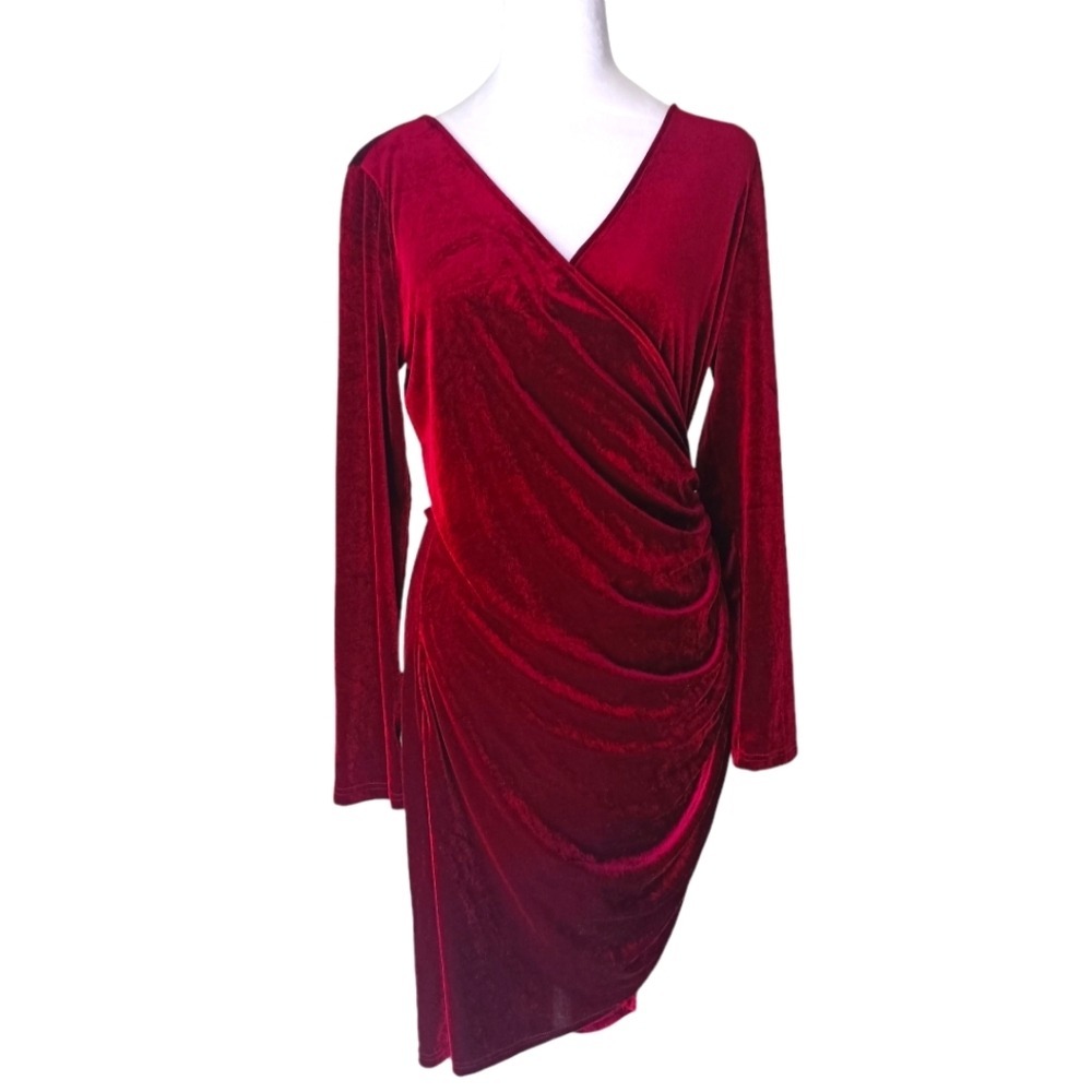 GUBERRY Velvet Wrap Dress Womens L Burgundy Ruched V-Neck Long Sleeve Cocktail